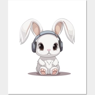 Baby Bunny Rabbit wearing headphones, Cute, Kawaii Posters and Art